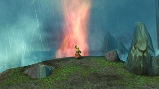A WoW Classic character stands at the edge of a cliff